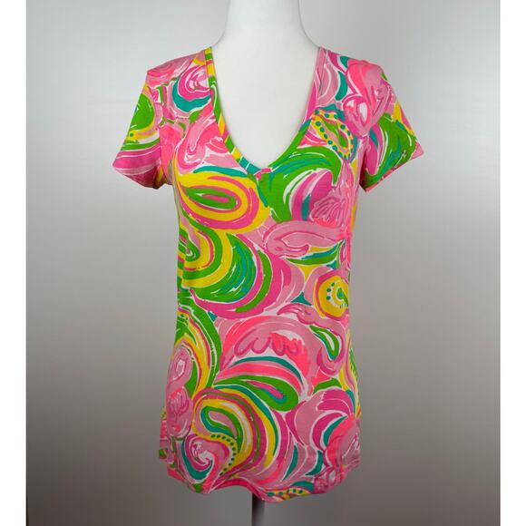 Lilly Pulitzer Womens Michele Top All Nighter V-Neck T-Shirt‎ Sz XS Psychedelic - Picture 1 of 10